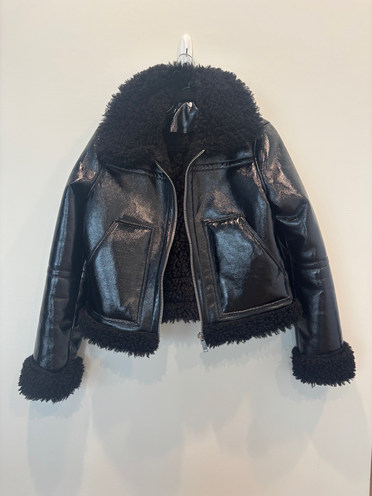 Black Faux Leather and Shearling Jacket