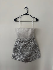 Silver and White Strapless Sequin Dress
