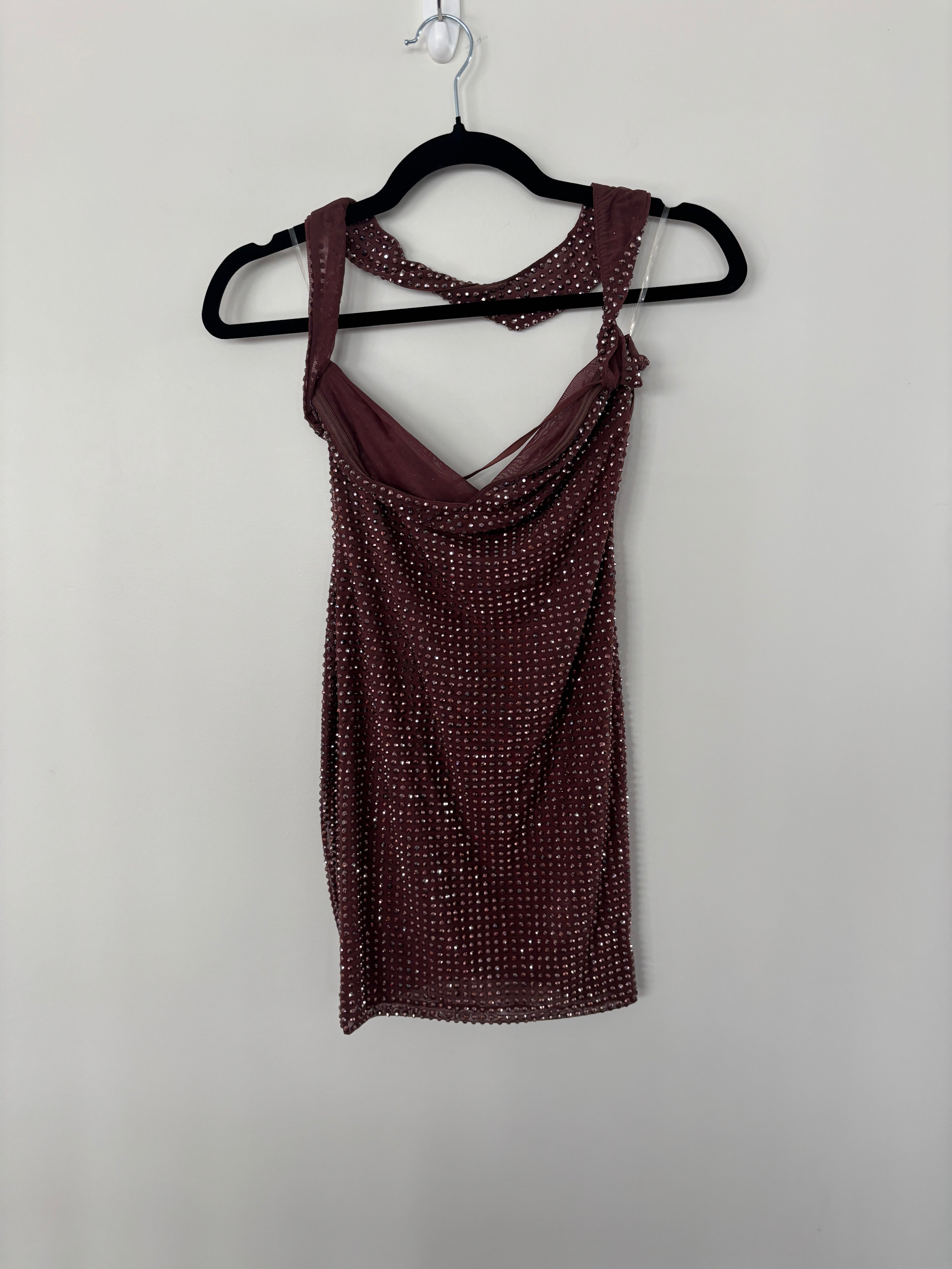 Brown Rhinestone Mini Dress