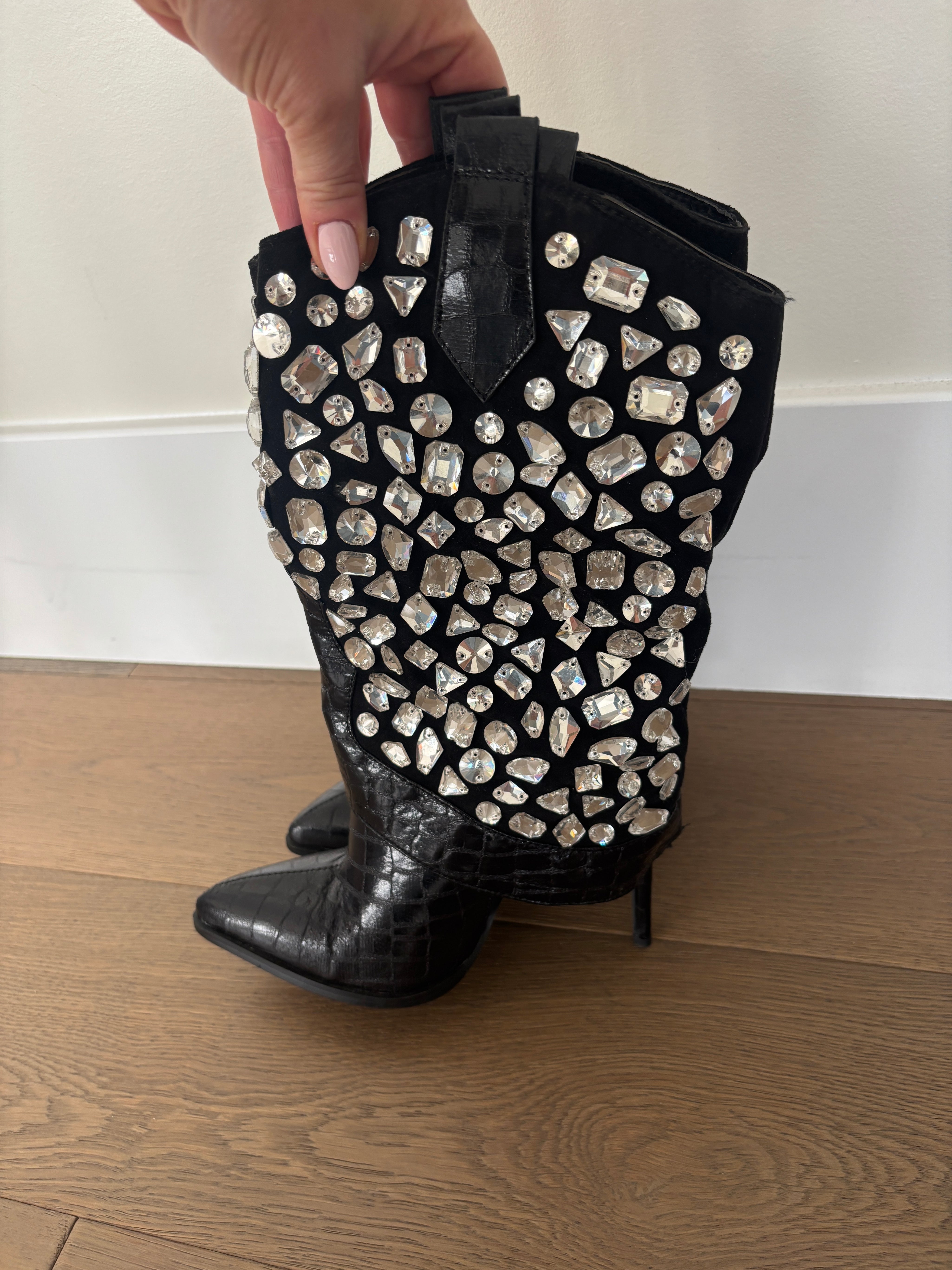Black Studded Rhinestone Cowboy Boots