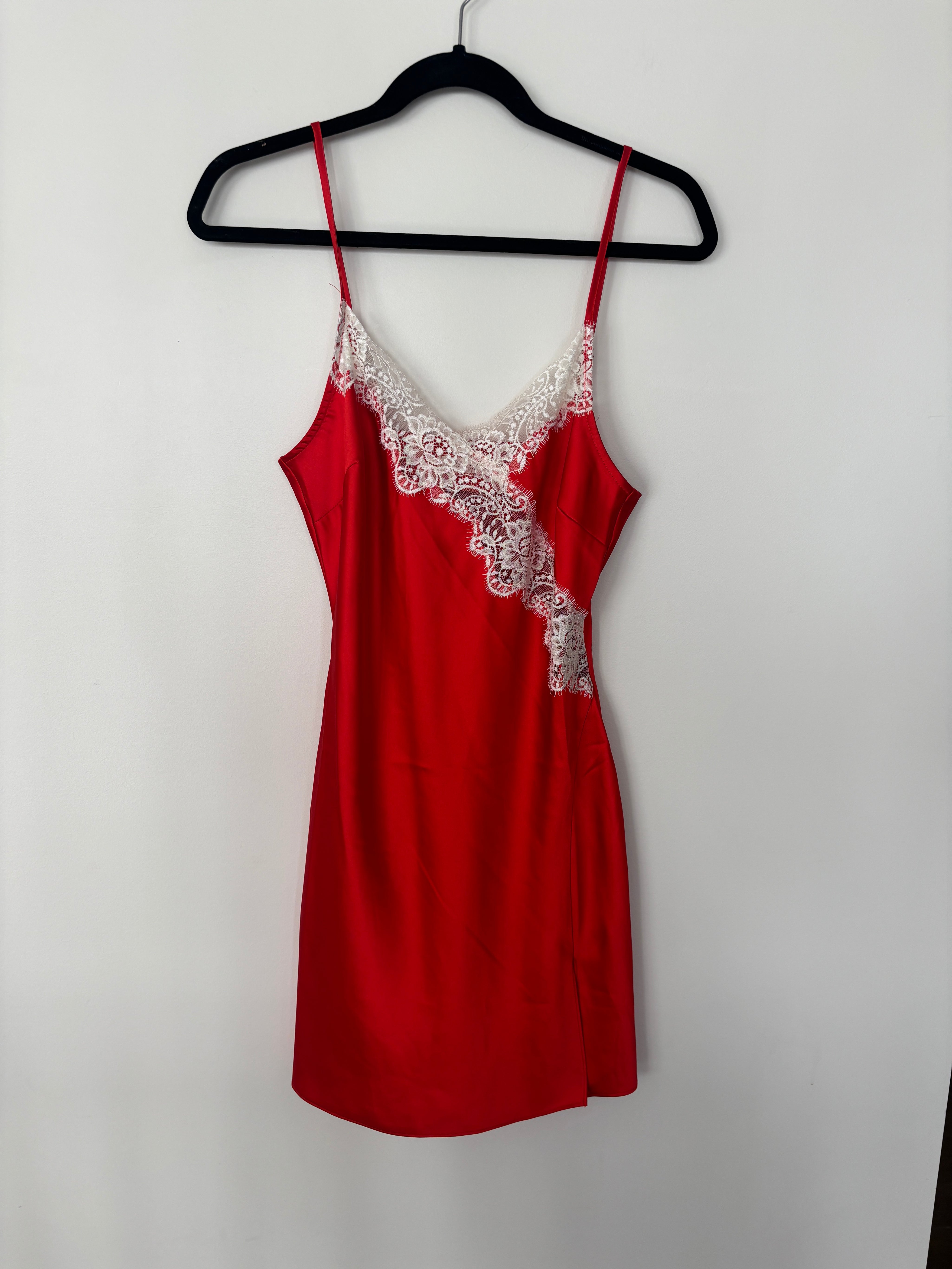 Red Satin and Lace Slip Dress